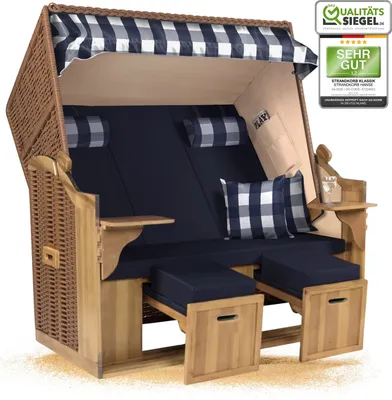 Produktbild von Strandkorb Ostsee 2,5-Sitzer 150cm breit in Beige Blau Kariert Zerlegt ideal für Balkon, Terrasse oder Garten