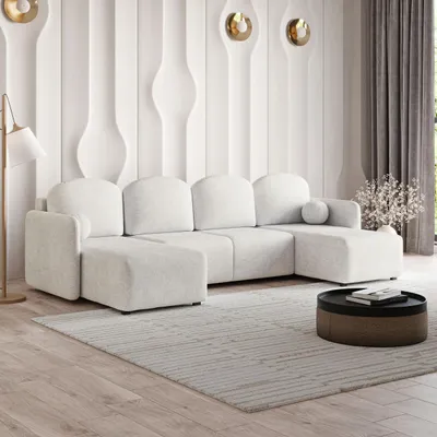 Produktbild von Masseno Ecksofa NUBERO mit Schlaffunktion U-Form, Sofa mit Bettkasten, Wohnzimmersofa, Couch, Soffa, Bettsofa, Couchgarnitur- Creme, NEVE 02