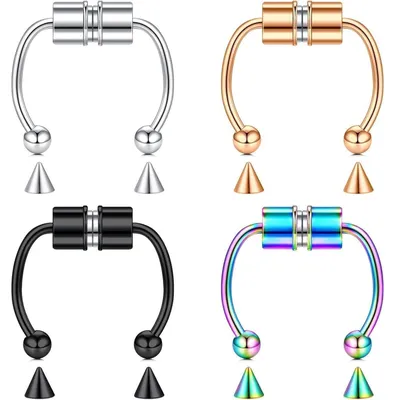 Obrázok produktu pre Sada falošných piercingov do nosa, chirurgická oceľ, 4 kusy, 16g, 14 mm, magnetické, hypoalergénne