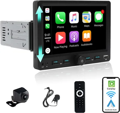 Immagine prodotto di Autoradio 1 DIN con schermo touchscreen regolabile da 7 pollici, compatibile con CarPlay e Android Auto, e dotata di telecamera per la retromarcia