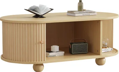 Produktbild von Couchtisch 100 x 50 x 40 cm Holz MDF Ovaler mit Stauraum und Schiebetueren platzsparendes Multifunktionsmoebel in Holzfarben