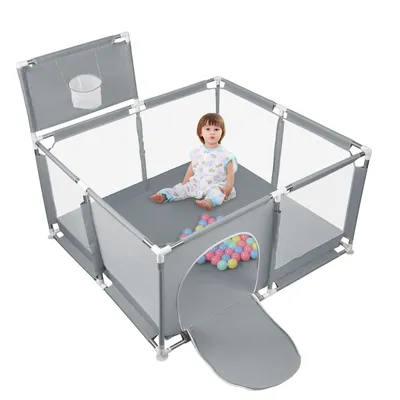 Produktbild von 126x126cm Laufstall Baby Faltbar,Krabbelgitter mit Atmungsaktivem Netz,Basketballkorb,50 Spielbällen Baby Laufgitter,Aktivitätszentrum Baby (66cm H)