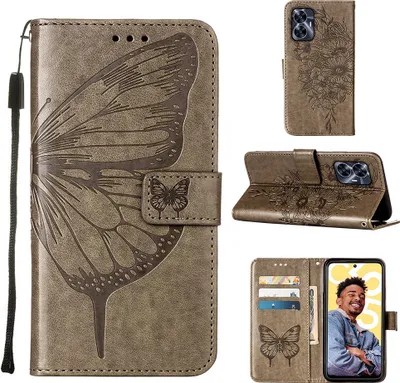 Produktbild von Lederhülle für Realme C55 Schmetterling Prägung Flip Ledertasche Kartenfächer Handyhülle mit Ständer Grau