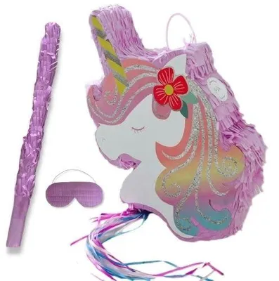 Einhorn-Piñata zum Befüllen mit Schläger und Augenbinde, 38x38x8 cm