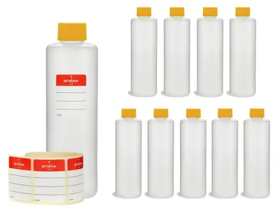 Zdjęcie produktu dla 10 plastikowych butelek 250 ml, okrągłych z żółtymi pokrywkami (pustych)