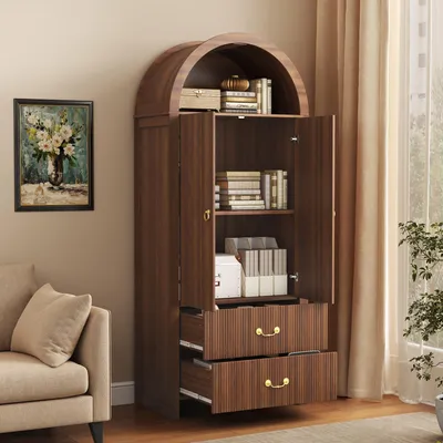 Produktbild von MODFU Bogen-Küchenschrank mit LED-Vitrine, Moderner Sideboard mit geriffelter Front, 2 Türen und 2 Schubladen,Hochschrank 76x38x180cm,Walnuss