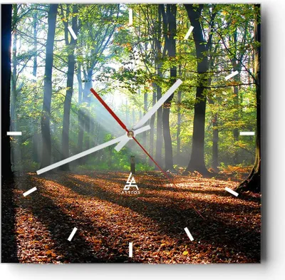 Produktbild von Wanduhr - Quadrat - Glasuhr - Wald Blätter Sonne - 40x40cm - Schleichendes Uhrwerk - Lautlos - zum Aufhängen bereit - Dekoration Modern - Wanddekoration aus Glas - C3AC40x40-0136