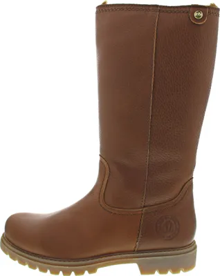 A side view of a brown leather boot.