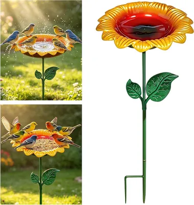 Produktbild von Stehende Vogeltränke 64CM für den Garten in Sonnenblumenform, Metallschale, freistehend und abnehmbar, Vogelfutterspender und Vogelbad für Wildvögel, frostfest