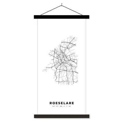 Produktbild von MuchoWow® Textilposter Stadtplan - Schwarz und weiß - Karte - Roeselare - Belgien - Karte 90x180 cm mit schwarzem Rahmen - Dekoration Wohnzimmer