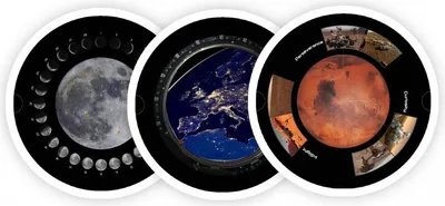 Three circular images showing celestial bodies and space exploration.