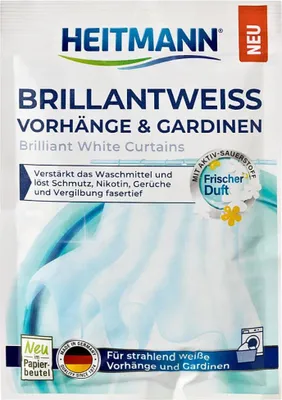The image shows the front of a product package for Heitmann Brilliant White Curtains.