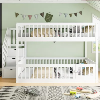 Immagine prodotto di okwish Letto a castello 140x200 con cassetti, letto per bambini con scala di sicurezza, letto matrimoniale in legno massiccio con griglia, letto per bambini, senza materasso, bianco