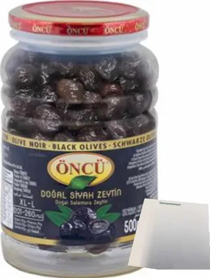 Produktbild von Öncü Schwarze Oliven Kaliber XL-L (500g PET-Dose) + usy Block