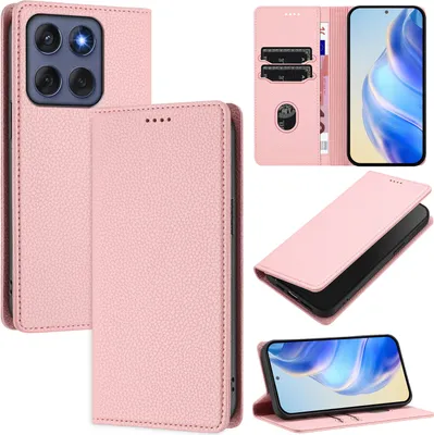 Produktbild von Litchi Leder Handyhülle für Motorola Edge 60 Fusion Wallet Kartenfächer Standfunktion Hülle Pink