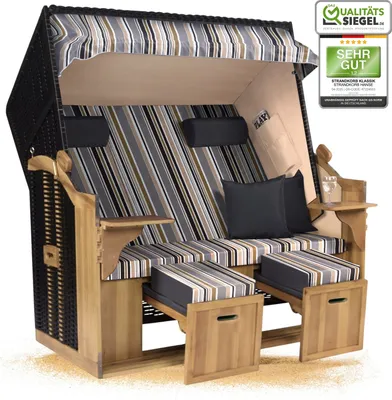 Produktbild von Strandkorb Ostsee 2,5-Sitzer 150cm breit in Schwarz Oliv Grau Weiß Gestreift Zerlegt ideal für Balkon, Terrasse oder Garten