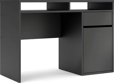 Produktbild von Plus Schreibtisch mit 1 Tür, 1 Schublade und 2 Regalen, mattschwarz.
