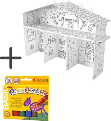Produktbild von Haus aus Pappe Set inkl. Stifte Spielhaus Boys World zum Aufbauen und Ausmalen 67 x 52 x 18 cm Bastelset