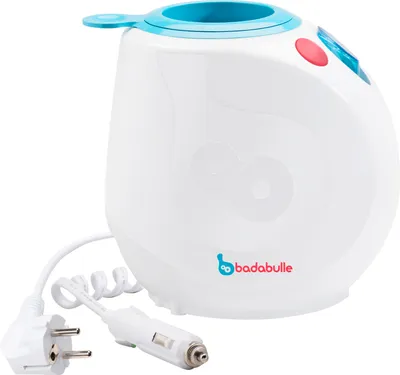 A white baby bottle and food warmer with blue accents and a coiled power cord with two different plugs.
