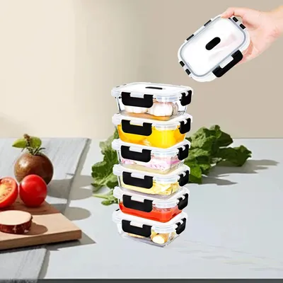 Immagine prodotto di Contenitori in vetro con coperchio per conservare gli alimenti - Set da 6 x 370 ml - Rettangolari - A tenuta stagna - Adatti al microonde - Senza BPA - Impilabili - Trasparenti