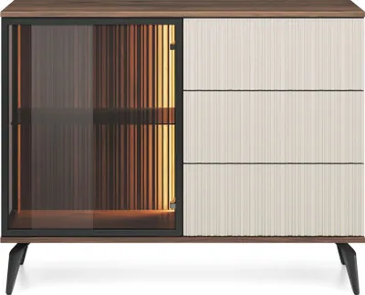Produktbild von VICO Kommode eintürig, geriffelte Front, Walnuss Warmia/Beige, LED-Beleuchtung, Push-to-Open, Korpus E05-Laminatplatte, Front MDF mit getöntem Glas, H80 B103 T39 cm