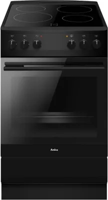 A black freestanding electric stove with a glass ceramic hob and an oven.