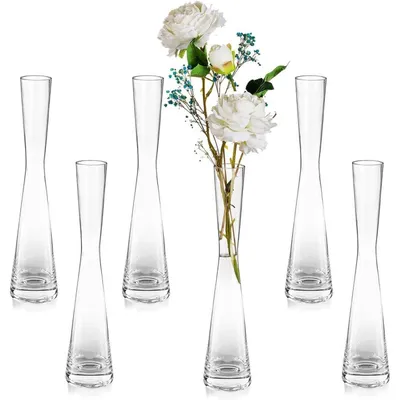 Productafbeelding van Bloemenvaas, glazen set van 6, 24,5 cm hoog, smal, handgemaakt, decoratieve vaas voor bloemen, geschikt voor tafeldecoratie