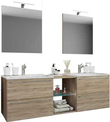 Immagine prodotto di 3 pz. Set | 2 lavabo, 2 specchi, 2 lavabi, 1 scomparto centrale | Lavabo in Vetroceramica | Armadio inferiore 195 cm | Set mobili da bagno Lavabo doppio - Badinos XXL