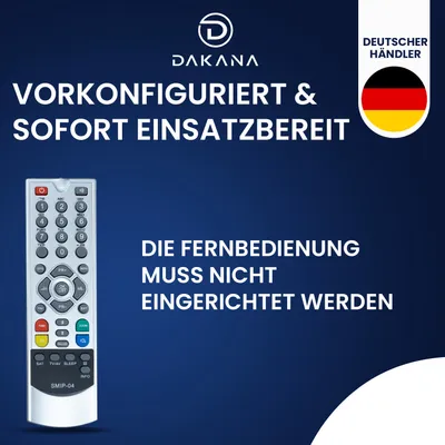A marketing image for a Dakana remote control, highlighting its pre-configured and ready-to-use features.
