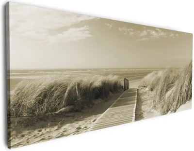 Produktbild von Wallario Premium Leinwandbild Auf dem Holzweg zum Strand in Sepiafarben in Größe 60 x 150 cm