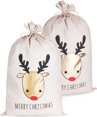 Productafbeelding van BRUBAKER Kerstzak rendier goud - Fijne kerst - 80 cm, kerstcadeausak - Nicolaaszak, 2 stuks