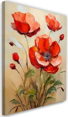 Produktbild von Leinwandbild Rote Mohnblumen auf beigem Hintergrund 60x90 Feeby Rot bild für die wand bereit zum aufhängen