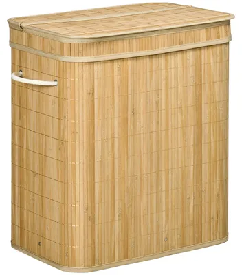 Image de Panier à linge - Boîte à linge avec couvercle - 90 litres - Bambou - 2 sacs à linge amovibles - Pliable - Naturel