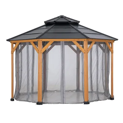 A gazebo with a black roof and wooden frame, enclosed by gray mesh curtains, is shown against a white background.