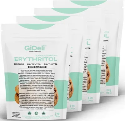 Zdjęcie produktu dla GiDeli Erytrytol 4x5kg, opakowanie Doypack, naturalny zamiennik cukru, niskokaloryczny, zestaw premium