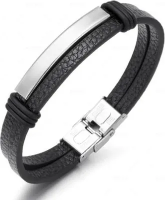 Zdjęcie produktu dla Bransoletka męska skórzana czarna stal srebrna 21cm