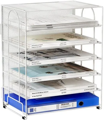 Image de Porte-documents et organisateur en métal Unyqoos®, 6 compartiments, blanc, revêtement par poudre, pour format A4, dimensions : 33 x 23 x 41 cm