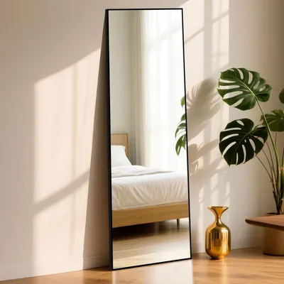 Immagine prodotto di Specchio a figura intera, modello "Bodenspiegel", dimensioni 152x42 cm, colore nero, struttura in alluminio, vetro di sicurezza