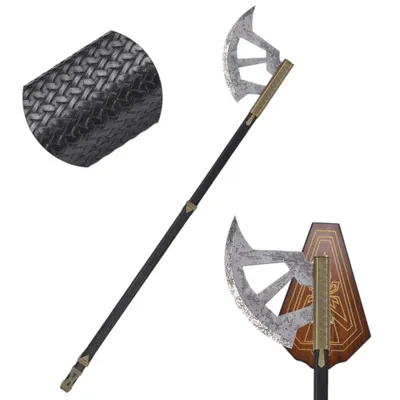 Immagine prodotto di Ascia decorativa fantasy da 118 cm con supporto da parete – Oggetto da collezione in stile nanico in acciaio inossidabile e Pelle finta – Accessorio decorativo per cosplay, idea regalo JT6388