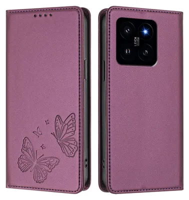 Produktbild von Lederhülle für Xiaomi 14, Schmetterling Prägung Leder Brieftasche Schutzhülle mit Ständer Lila