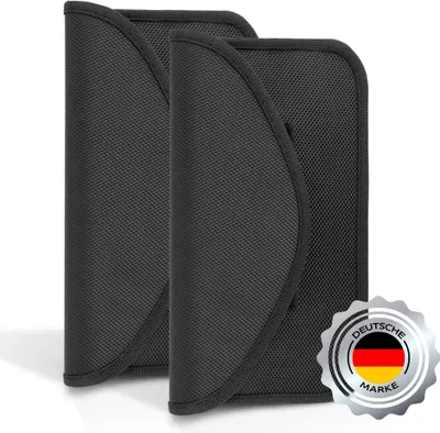 Two black RFID blocking pouches are shown side-by-side against a white background.