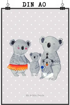 Produktbild von Mr. & Mrs. Panda Bild Koala Familie DIN A0 - Grau Pastell - Geschenk, Wandbild, Koalas, Geschwister, Mama, Family, Muttertag, Kunstdruck, drucke, Deko, wanddeko