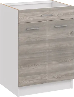 A kitchen base cabinet with a wood-grain finish and silver handles, shown from the front.