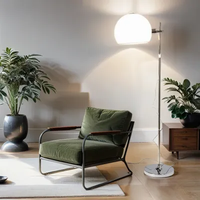 A modern living room scene with a floor lamp, armchair, and plants.