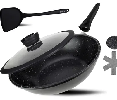 Productafbeelding van Wok 30 cm, geschikt voor inductie, met deksel, handgreep, antiaanbaklaag, zwart. Wok 30 cm