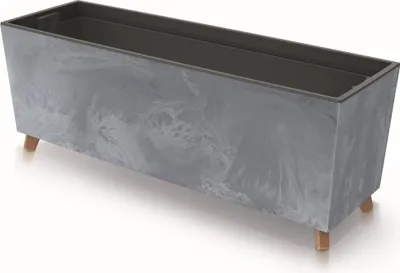 Produktbild von Blumenkasten mit Füßen Grau 77x30 cm Beton Struktur mit Pflanzeinsatz Kunststoff große Größe mit 2 Stabilisatoren UV beständig Balkonkasten Innen / Außenbereiche