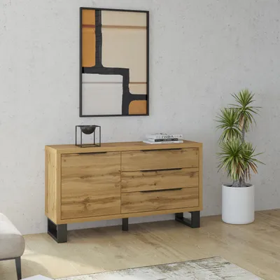 Produktbild von Masseno Kommode HALENZA 144 cm Sideboard mit 3 Schubladen und 1 Türen für Wohnzimmer Schlafzimmer Modern 144x45x83 cm Eiche Wotan / Eiche Wotan