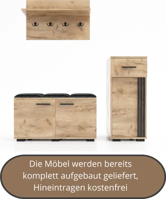 Produktbild von Garderobenset PIK-3, Flurgarderobe, Flurset, 4 Kleiderhaken, Schrank, Wandregal, Schuhschrank, fertig aufgebaut, Farbe: Goldene Eiche