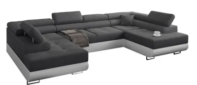 A U-shaped sectional sofa in dark gray with white accents is displayed against a white background.