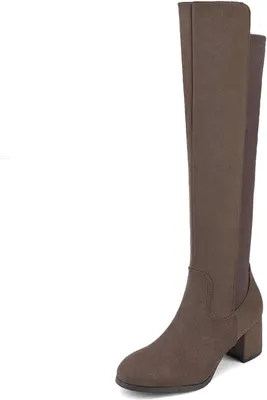Productafbeelding van Kniehoge dameslaarzen met blokhak van 7,5 cm, spitse neus, zijritssluiting en suède-look, khaki, maat 40 EU